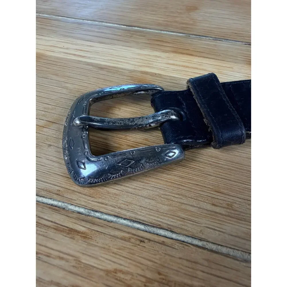 Fossil Black Leather Western Belt Size L Ornate Silver Buckle 40.5